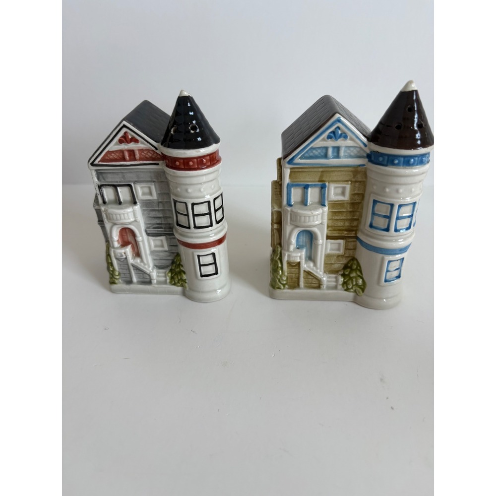 Vintage 1982 Otagiri Victorian Houses Gray & Brown Salt Pepper Shakers Set Japan